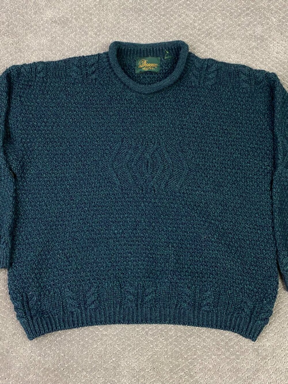 Doogan Donegal Sweater Mens Large Green Roll Neck Fisherman Aran Irish Ireland